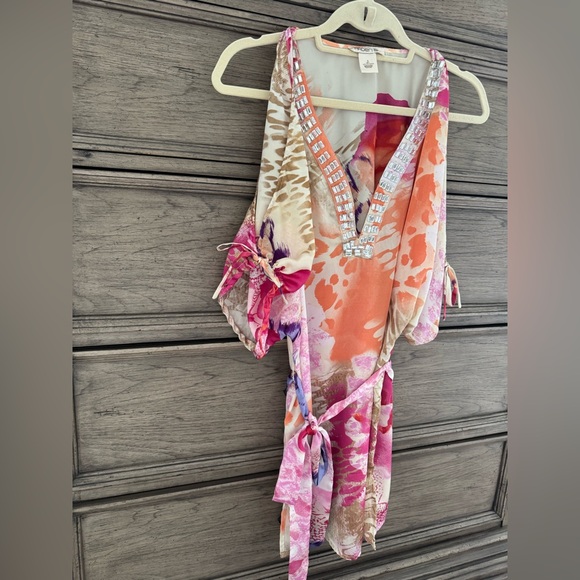 Arden B Silky Floral Embellished Mini Dress Cold Shoulder Tunic Small Pr… - Picture 9 of 13